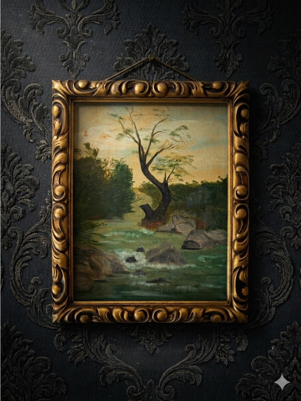 Vintage Original Painting Rustic dark Moody Ornate Gilded Frame 13 x 16 Nature
